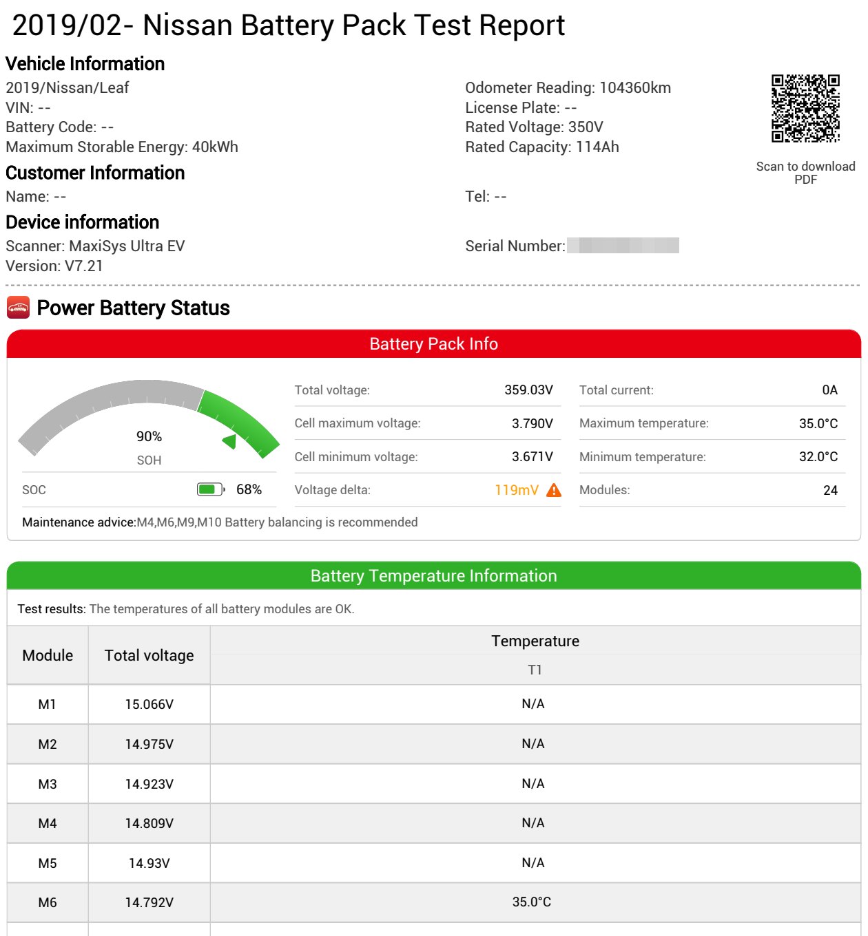 Raport Autel MaxiSys Ultra EV - test statyczny pakietu Nissana Leafa, SOH 90%